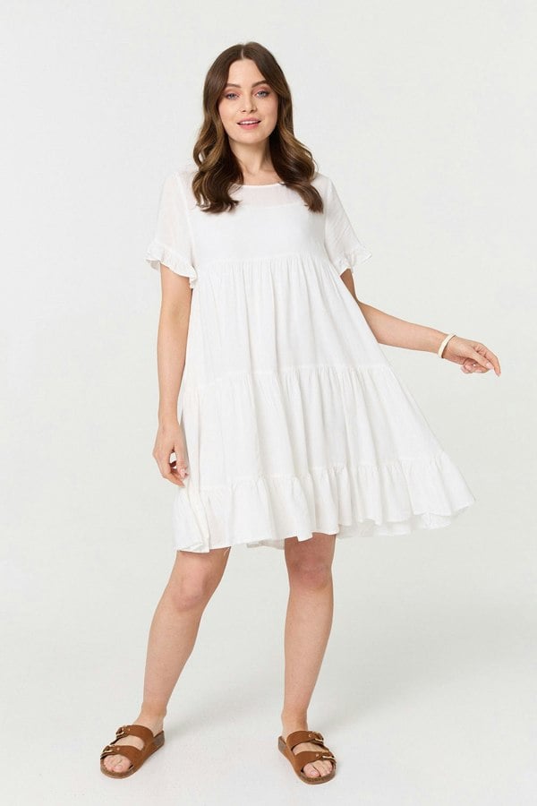 White | Short Sleeve Frilled Short Smock Dress
