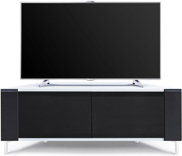 MDA Designs CORVUS Corner-Friendly Gloss White Contemporary Cabinet with Black Profiles Black BeamThru Glass Doors for Flat Screen TVs up to 50"