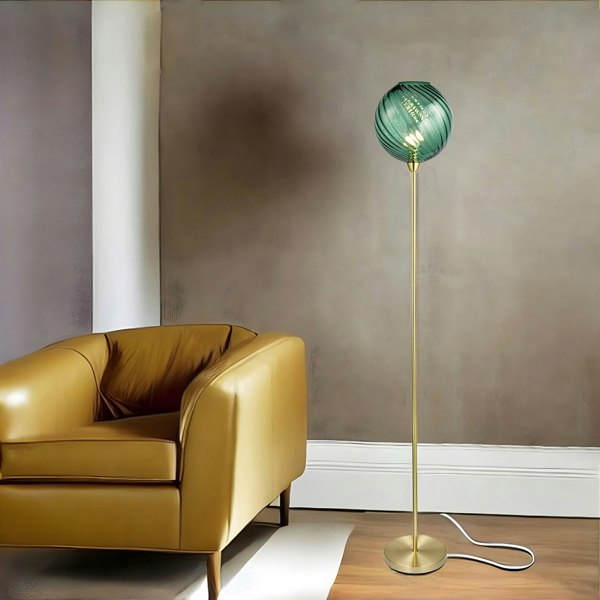 Designer Chic Floor Lamp with Brushed Gold Base and Emerald Green Glass Shade Image 6