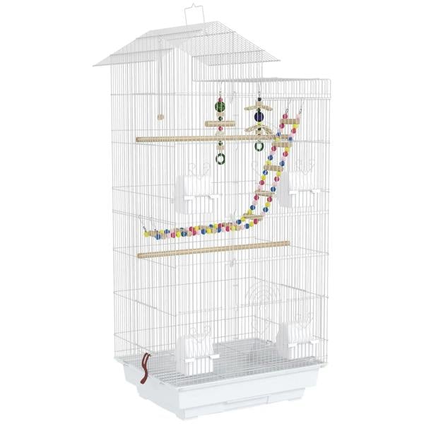 White wire bird cage with built-in tray and hanging colorful toys