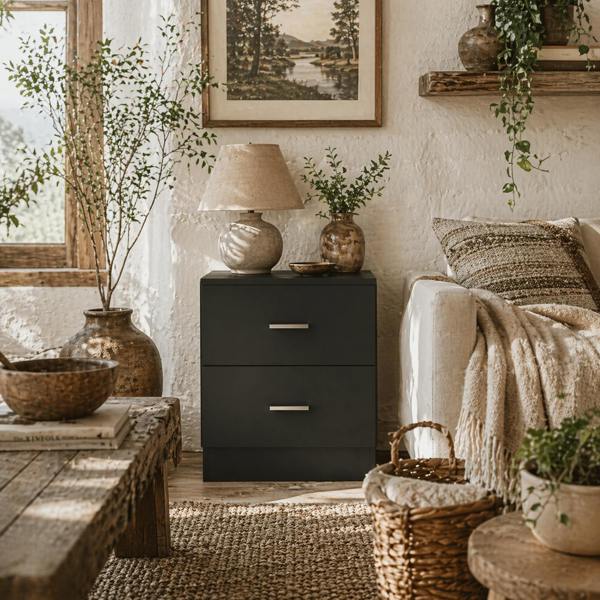 Wyld Haus Rapa Raka Black Modern Bedside Table With 2 Drawer Storage