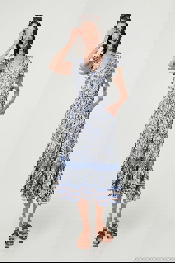 Blue | Paisley Cap Sleeve Knee Length Dress
