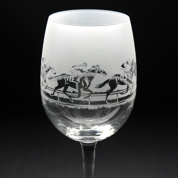 Glyptic Glass Art Horse Racing Crystal Wine Glass - Hand Etched/Engraved Gift