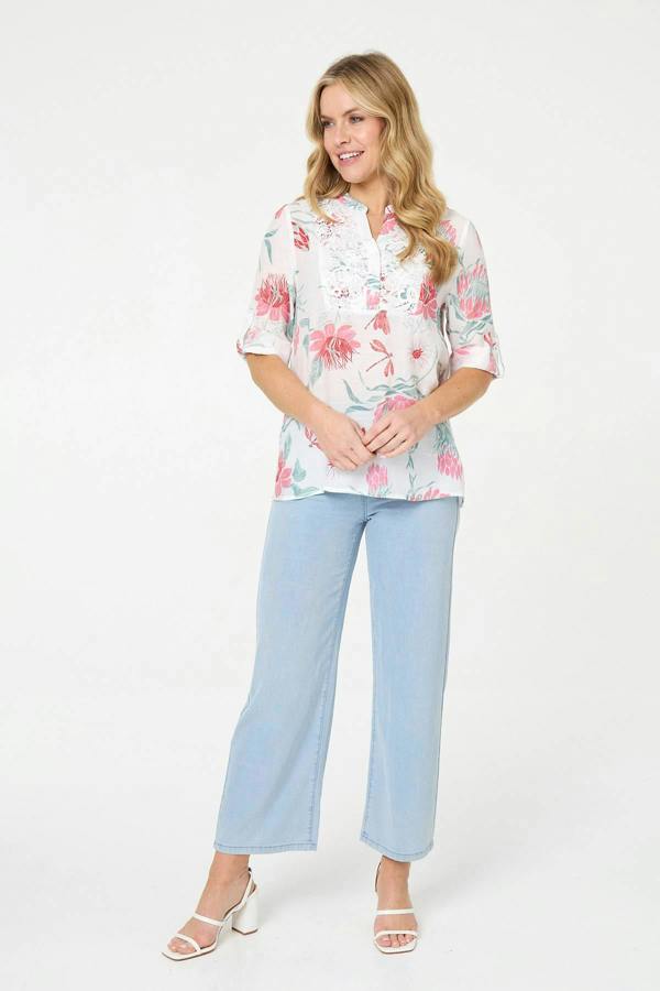 White | Lace Trim 3/4 Sleeve Relaxed Blouse