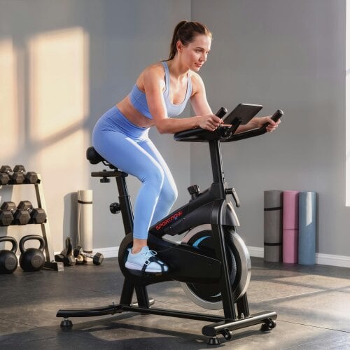 SPORTNOW Exercise Bike with Smart APP, Adjustable Seat & Handlebars, Wheels
