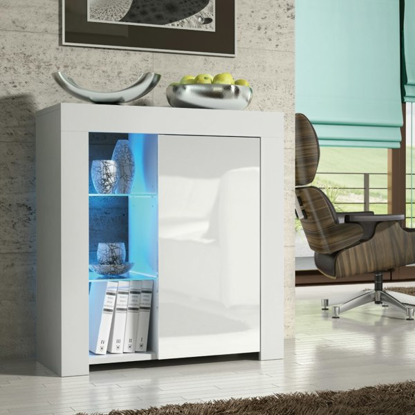 Mex Furniture 83cm White Cabinet with High Gloss Door and LED Lighting Included