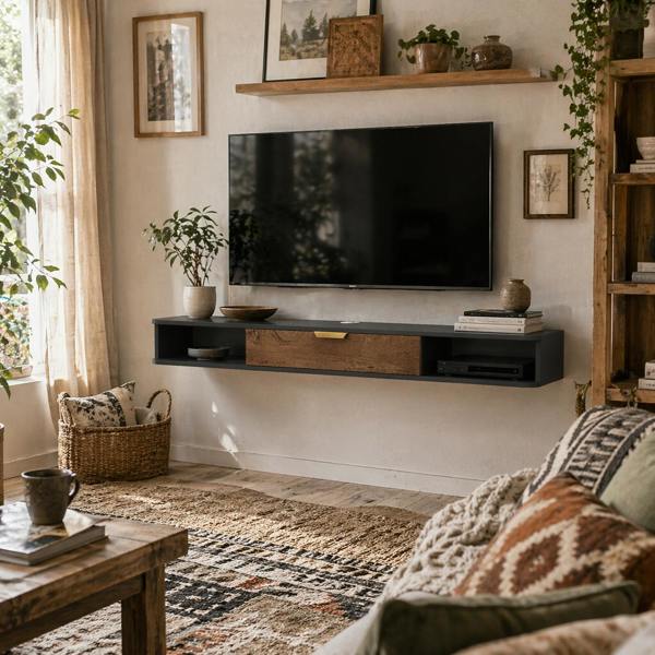 Wyld Haus Nova 140cm Wooden Charcoal Grey and Natural Floating TV Stand With Storage
