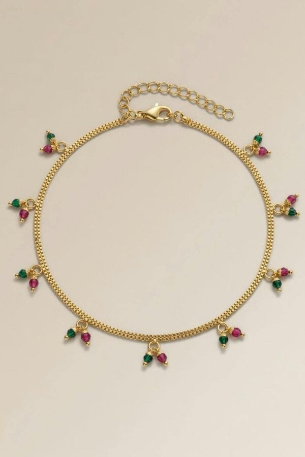 The Colourful Aura Golden Brass Rounds Red Green Beads Indian Payal Anklet