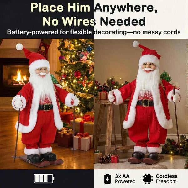 Bobobiy 2ft Singing Skiing Santa Claus, Standing Christmas Animated Santa Figure with Ski Board, Sack, Sound/Touch Activated