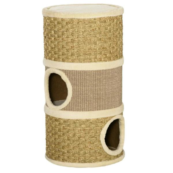 Cat scratching barrel tower with plush top and two circular door openings