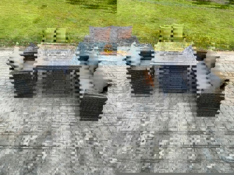 Fimous Rattan Outdoor Garden Furniture Gas Fire Pit Table Sets Gas Heater with Double Seat Sofa Armchair 5 Seater Dark Mixed Grey