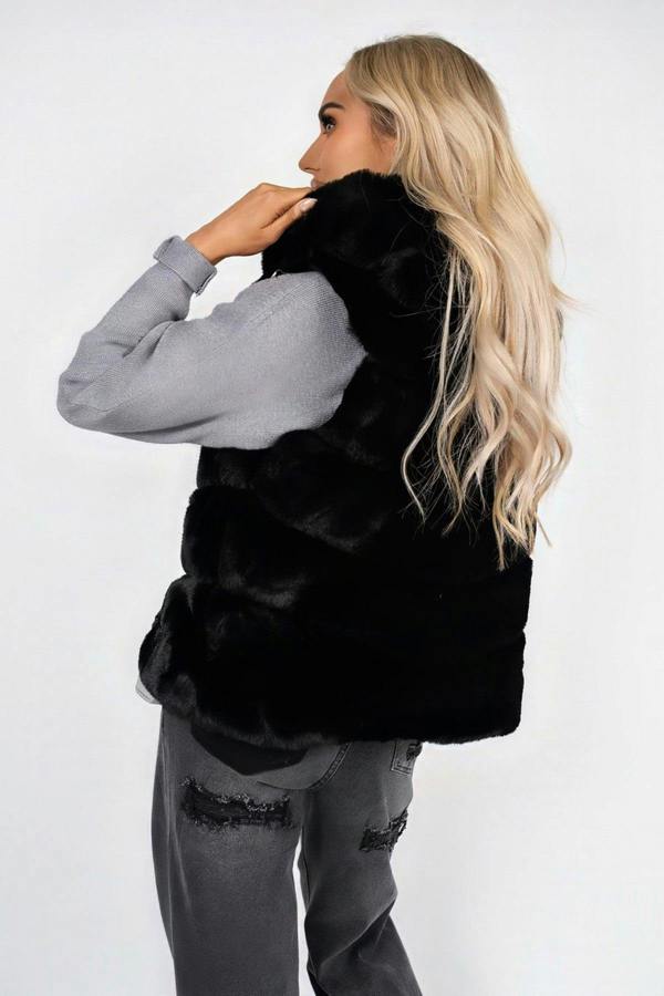 Alessina Hooded Sleeveless Faux Fur Gilet - Black