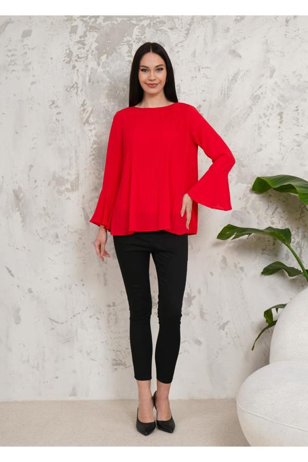 Hoxton Gal Oversized Bell Sleeve Detailed Pleated Blouse Top in Red