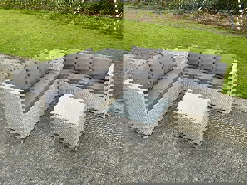 Fimous 6 Seater Rattan Garden Furniture Set with Corner Sofa, Coffee Table & Side Table - Light Grey