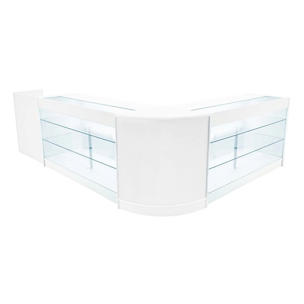 White Aries LED Shop Counter Set featuring sleek glass shelves, modern design, and a stylish curved shape for retail displays