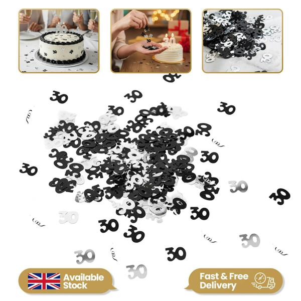 30th Birthday Black and Silver Confetti Table Decoration Pack, Metallic Foil, Pack Size Options image 1