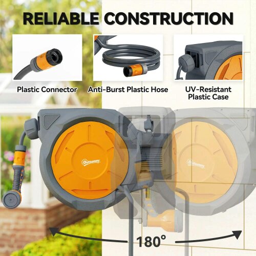 Bobobiy Retractable Hose Reel Wall Mounted, 30+2m Garden Hose Pipe Reel with Lock, 7 in 1 Spray Nozzle, 180° Swivel, 59 x 23 x 42 cm, Orange