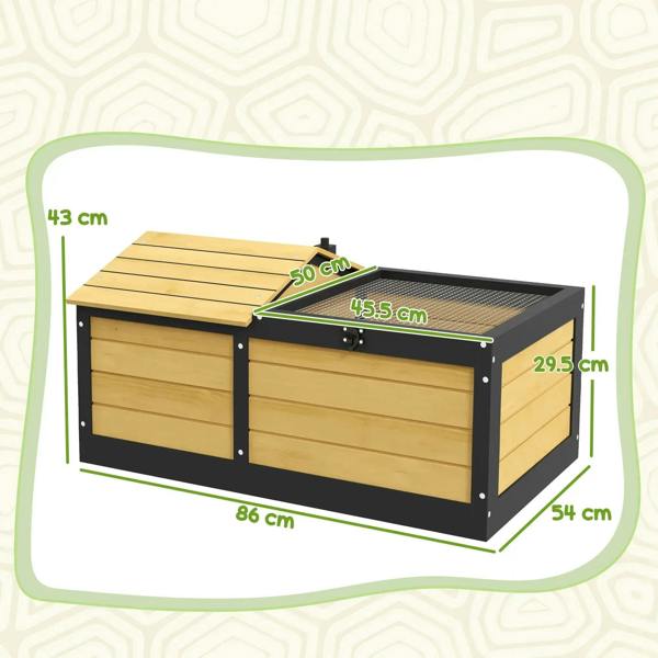 Yellow wooden reptile shelter with two sections: hide box and wire-mesh basking run