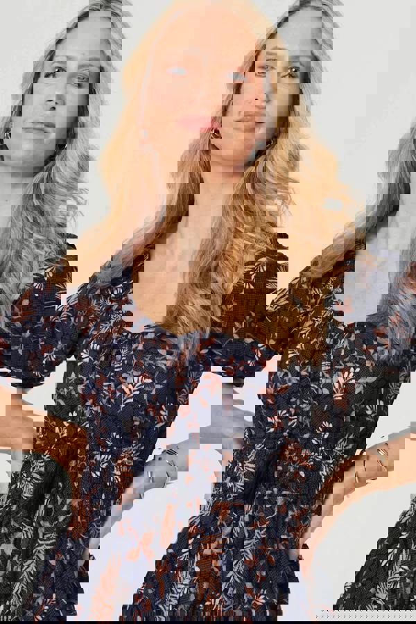 Navy | Leaf Print Short Puff Sleeve Maxi Dress
