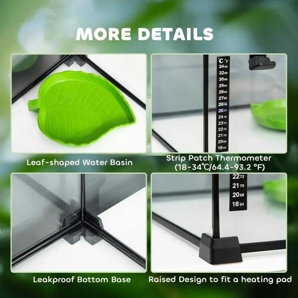 Glass terrarium accessories: leaf-shaped water basin, strip thermometer, waterproof bottom base
