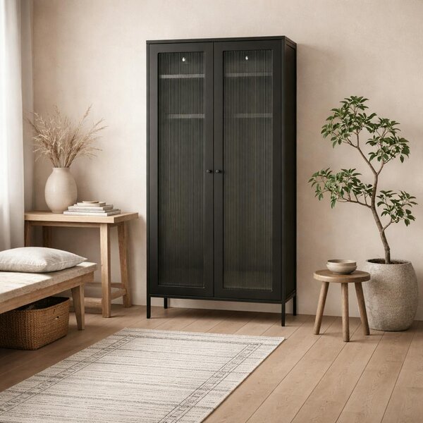Wyld Haus Sattek Black Metal 2 Reeded Glass Door Wardrobe