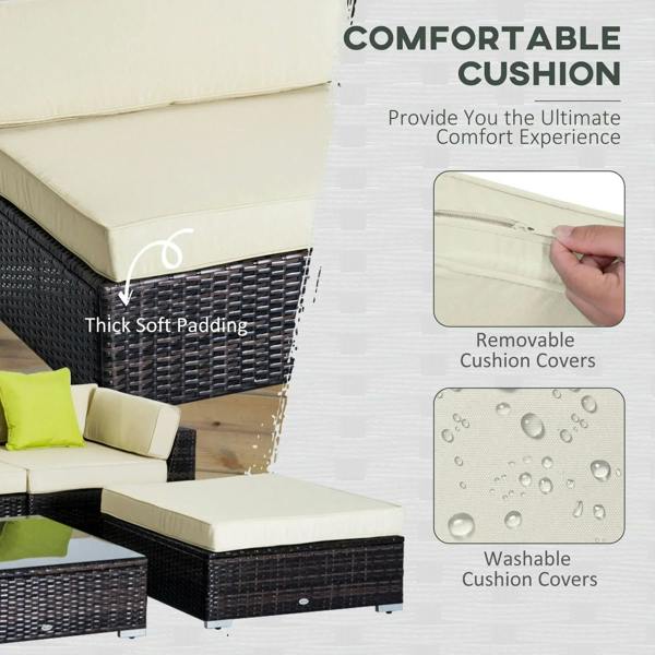 Brown rattan sofa corner with thick white cushions and green throw pillow, textured weave