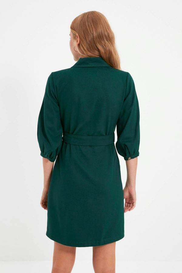 Belted Button Detail Long Sleeve Mini Shirt Dress