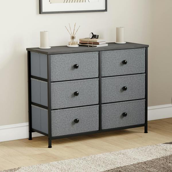 Vida Designs Chorley 6 Drawer Fabric Drawer Chest, Beige & Grey Wood