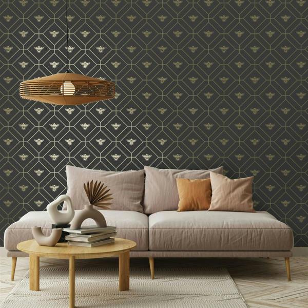 Honeycomb Bee Charcoal/gold Wallpaper 13081 - Rs