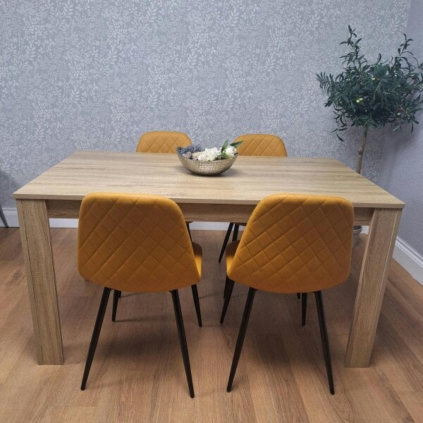 Kosy Koala Oak Effect Dining Table Set With 4 Mustard Gem Pattern Chairs Dining Room Furniture