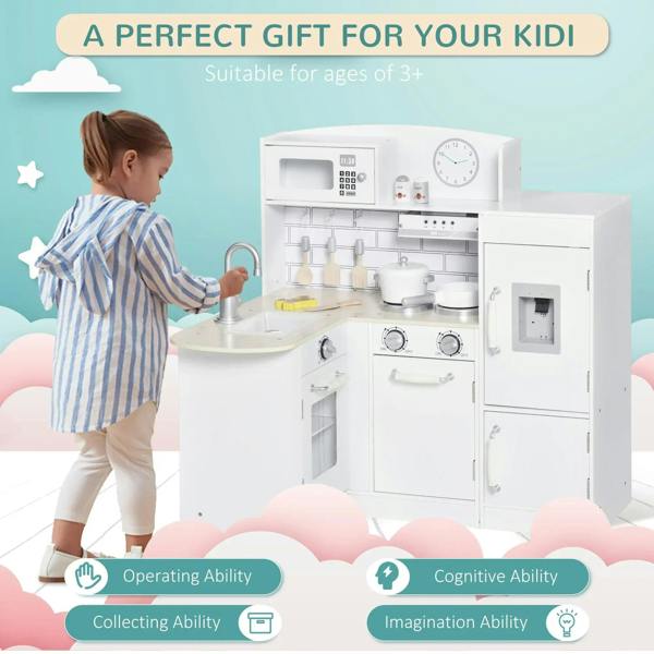 White kids play kitchen set with sink faucet and stove controls, with child standing beside