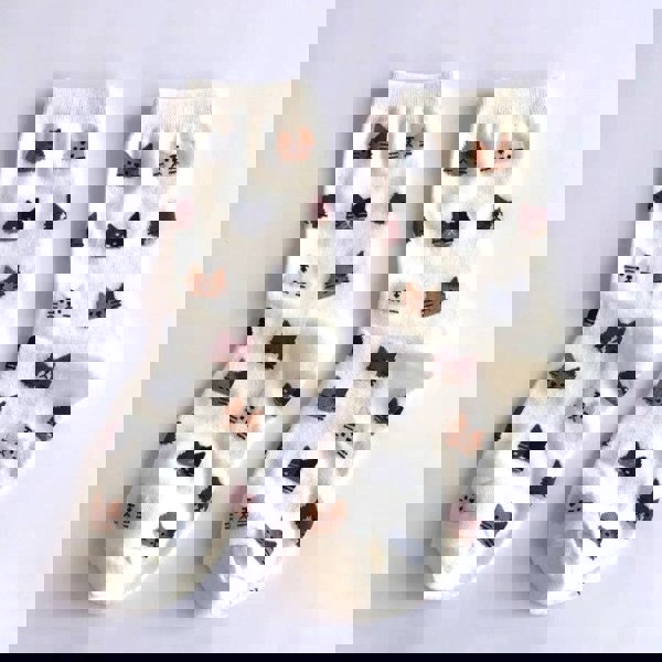 Anyfootwear 5 Pairs White Cat Size 5-9 Fashion Socks High Quality Office Sports Bussiness Long Socks Cotton Solid Colors Skateboard Knitted Casual