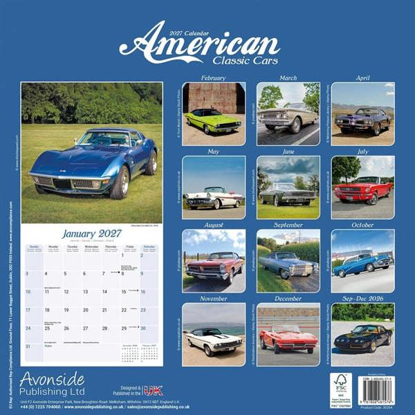 American Classic Cars Calendar 2027, Wall Calendars, Month To View, Transport, Gift