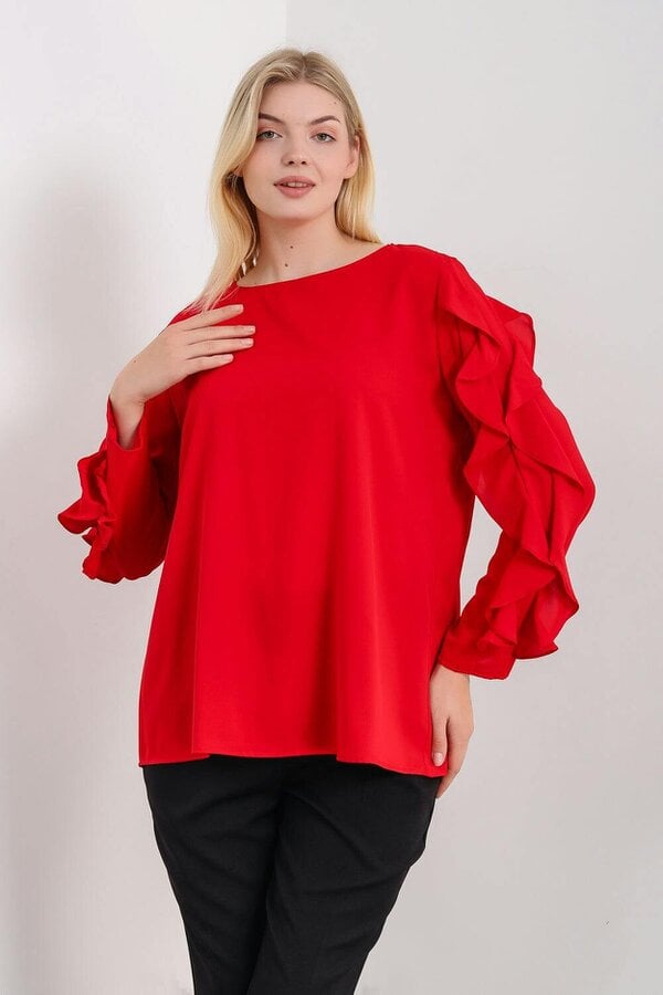 Hoxton Gal Oversized Ruffle Sleeve Relaxed Fit Top In Red
