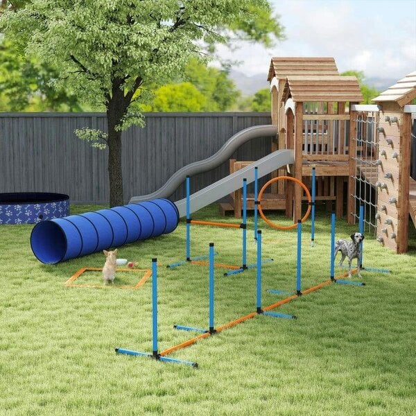 Dog Agility Equipment, 8PCS Agility Training Set with Tunnel, Weave Poles, Adjustable Hurdles, Jump Ring - Orange
