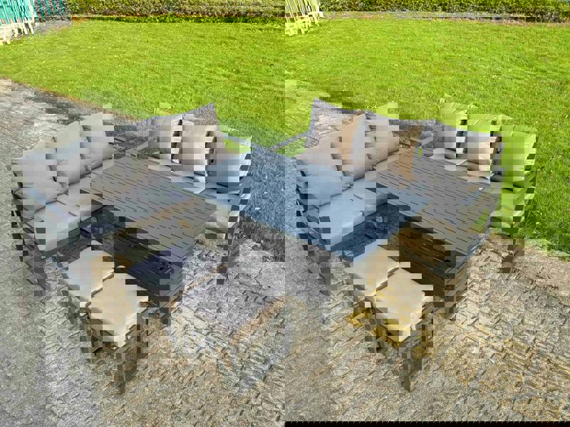 Fimous 8 Seater Aluminium Garden Furniture Set with Adjustable Rising Dining Table, 2 Sofas, 2 Footstools - Dark Grey