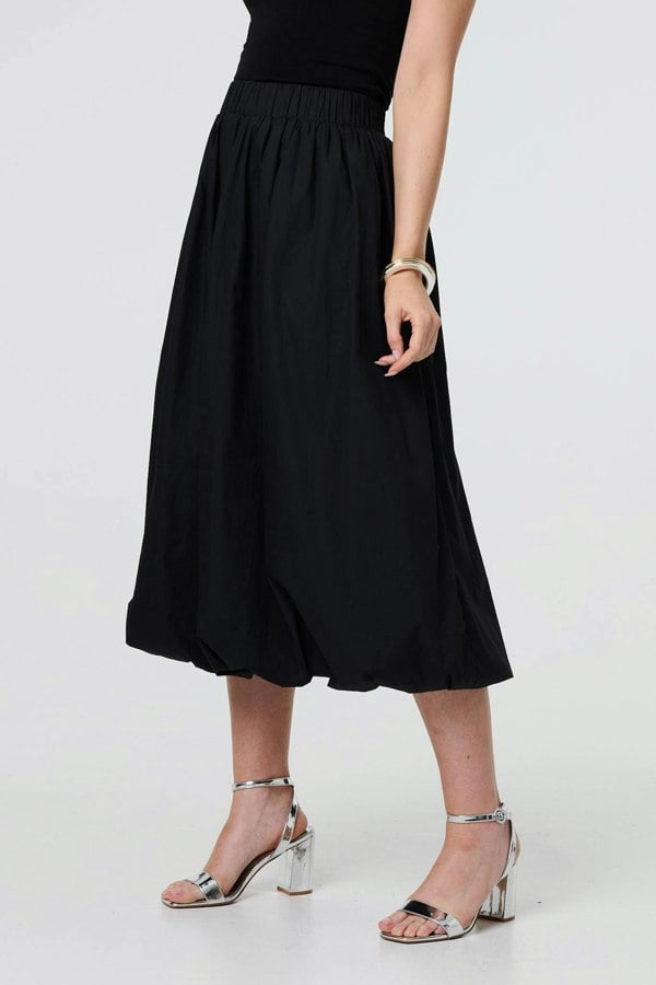 Black | High Waist Elasticated Midi Bubble Skirt

