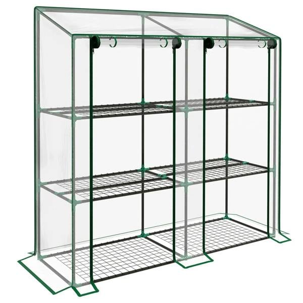 Three-shelf mini greenhouse with clear panels and green metal frame, open front