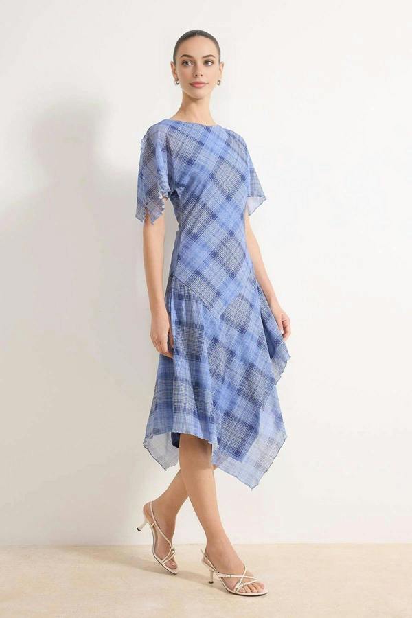 WOVCOR Plaid Angel Sleeve Ruffled Midi Knit Dress