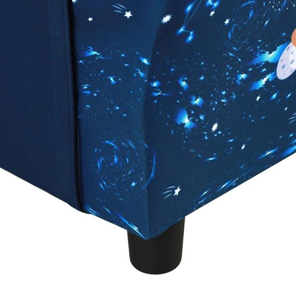 Close-up of dark blue armchair side with space print and black plastic foot