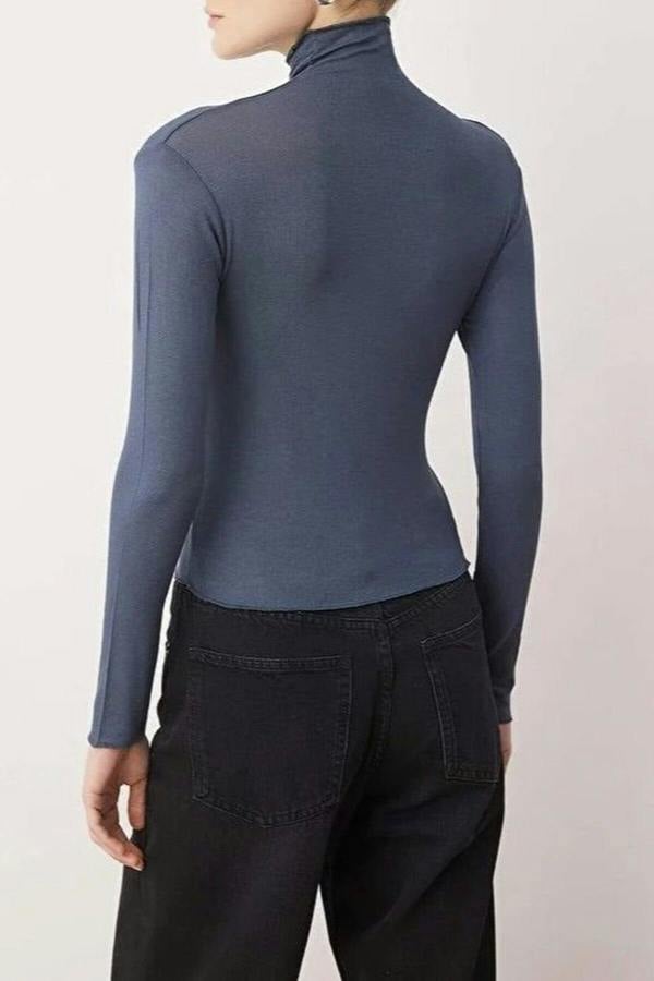 WOVCOR Transparent Stand Collar Flexible Regular Knit Blouse