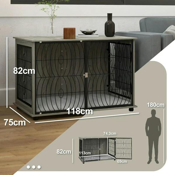 Grey dog crate end table for extra-large dogs with black wire sides and plush cushion