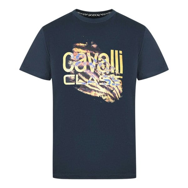 Cavalli Class Slashed Tiger Print Bold Logo T-Shirt - Navy