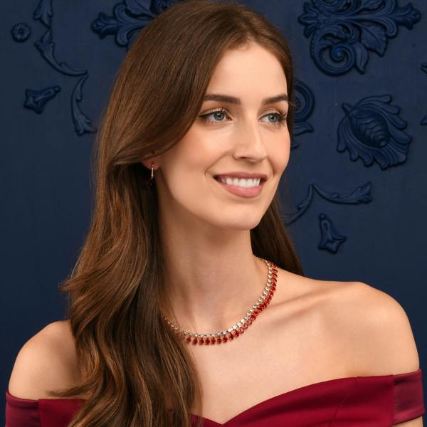 Zavana Red Crystal Necklace with Round & Pear Shaped Cubic Zirconia Stones For Women