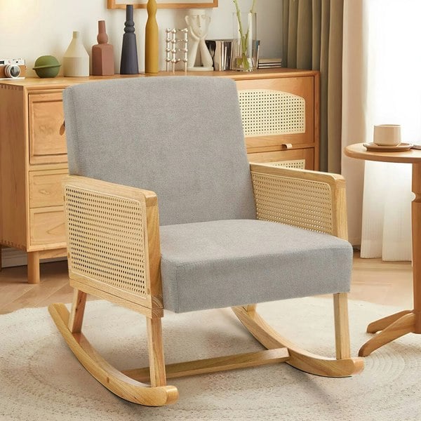 Linen Wooden Rocking Chair-Grey Living and Home