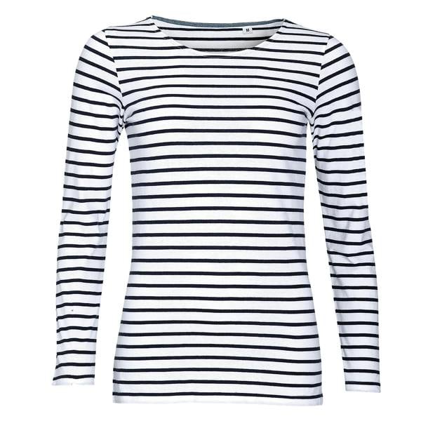 SOLS Womens/Ladies Marine Long Sleeve Stripe T-Shirt - White/Navy
