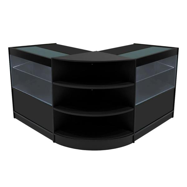 Black Andromeda LED shop counter set with curved design, glass display shelves, and modern finish, ideal for retail spaces