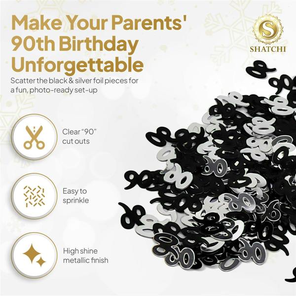 90th Birthday Black and Silver Foil Confetti Family Pack for Table Decoration image 2
