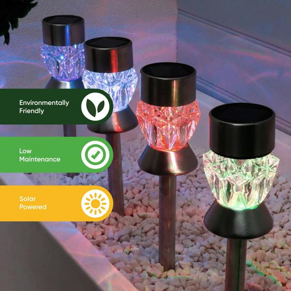 Gardenwize Pack of 4 Solar Round Crystal Stake Lights – Colour Changing LED Garden Lights