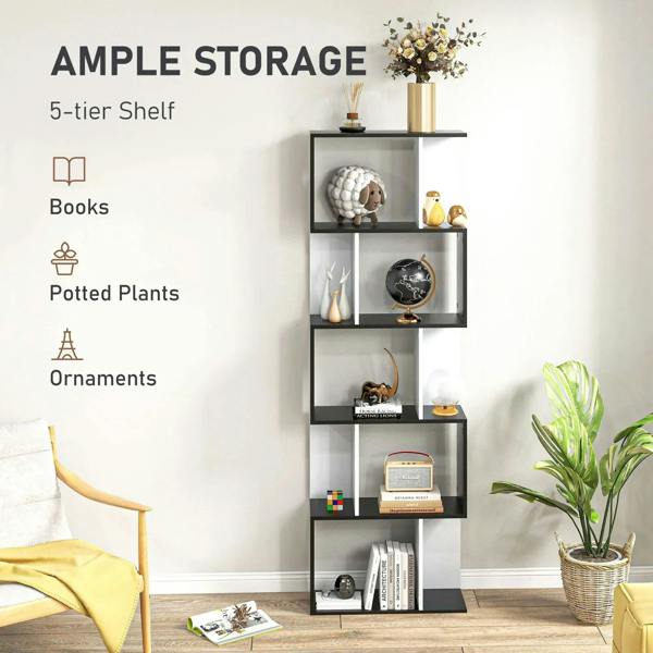 Black and white S-shaped 5-tier bookshelf with open compartments for books and decor